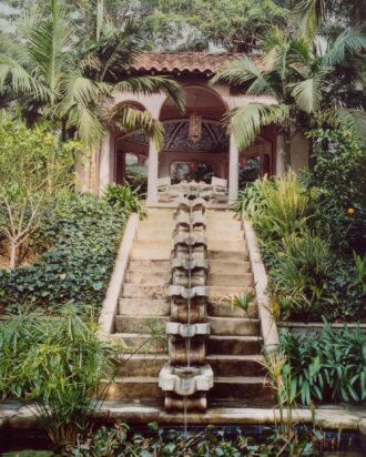 Cascading water fountain on concrete staircase