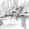 A rough sketch of a landscaping plan for a garden area with a cascading fountain down concrete stairs  