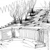 A rough sketch or plan for a garden with a fountain